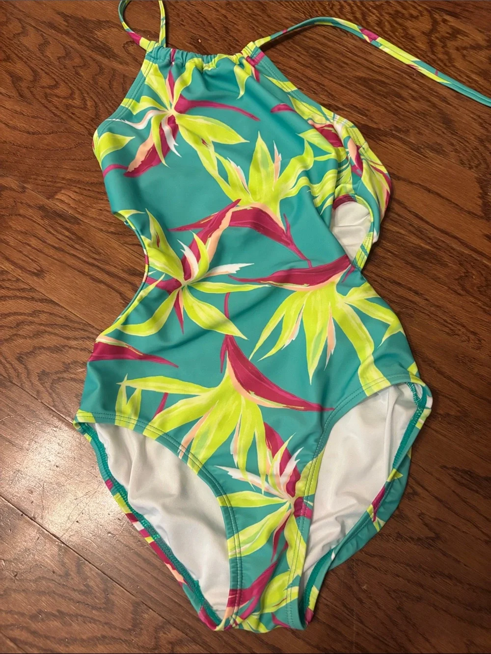 Old Navy Teal One-Piece Swimsuit with Yellow and Pink Tropical Print